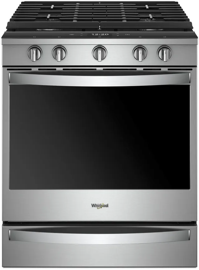 Front view of the Whirlpool WEG750H0HZ slide in gas range 