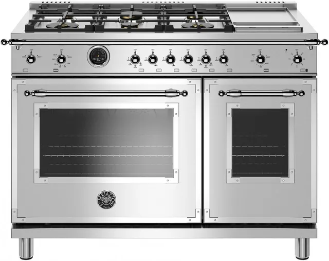 Front view of the Bertazzoni HERT486GDFSXT 48” dual fuel range 
