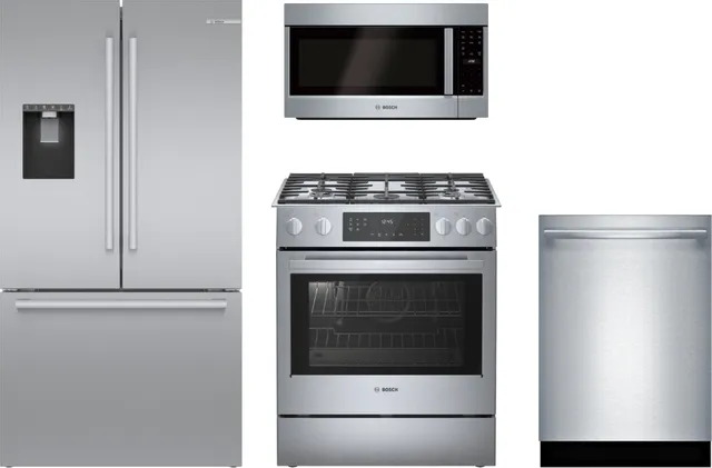 A Bosch 4-piece kitchen package with a fridge, range, dishwasher, and microwave 