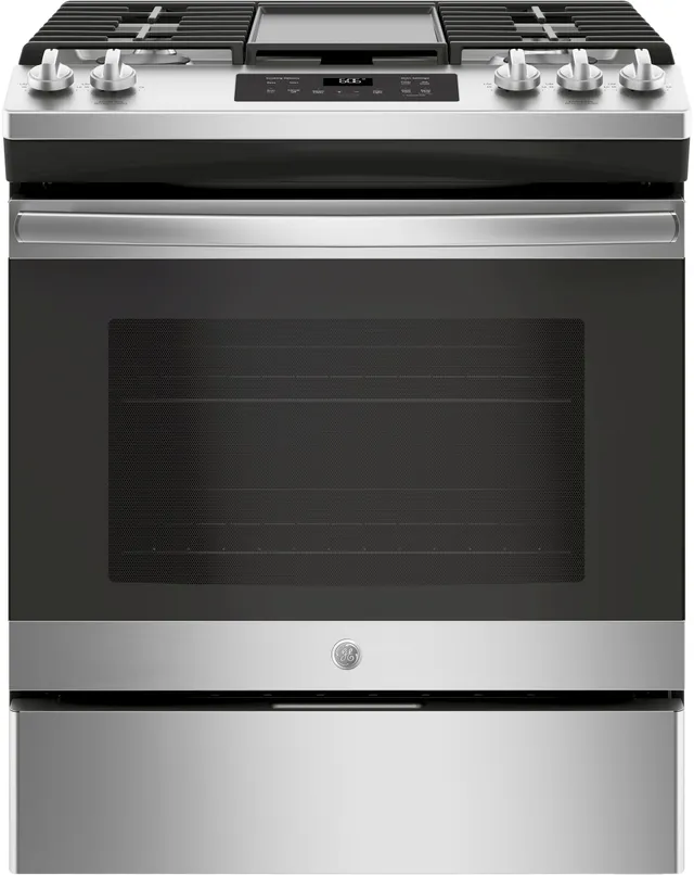 Front view of the GE JGSS66SELSS 30” gas range