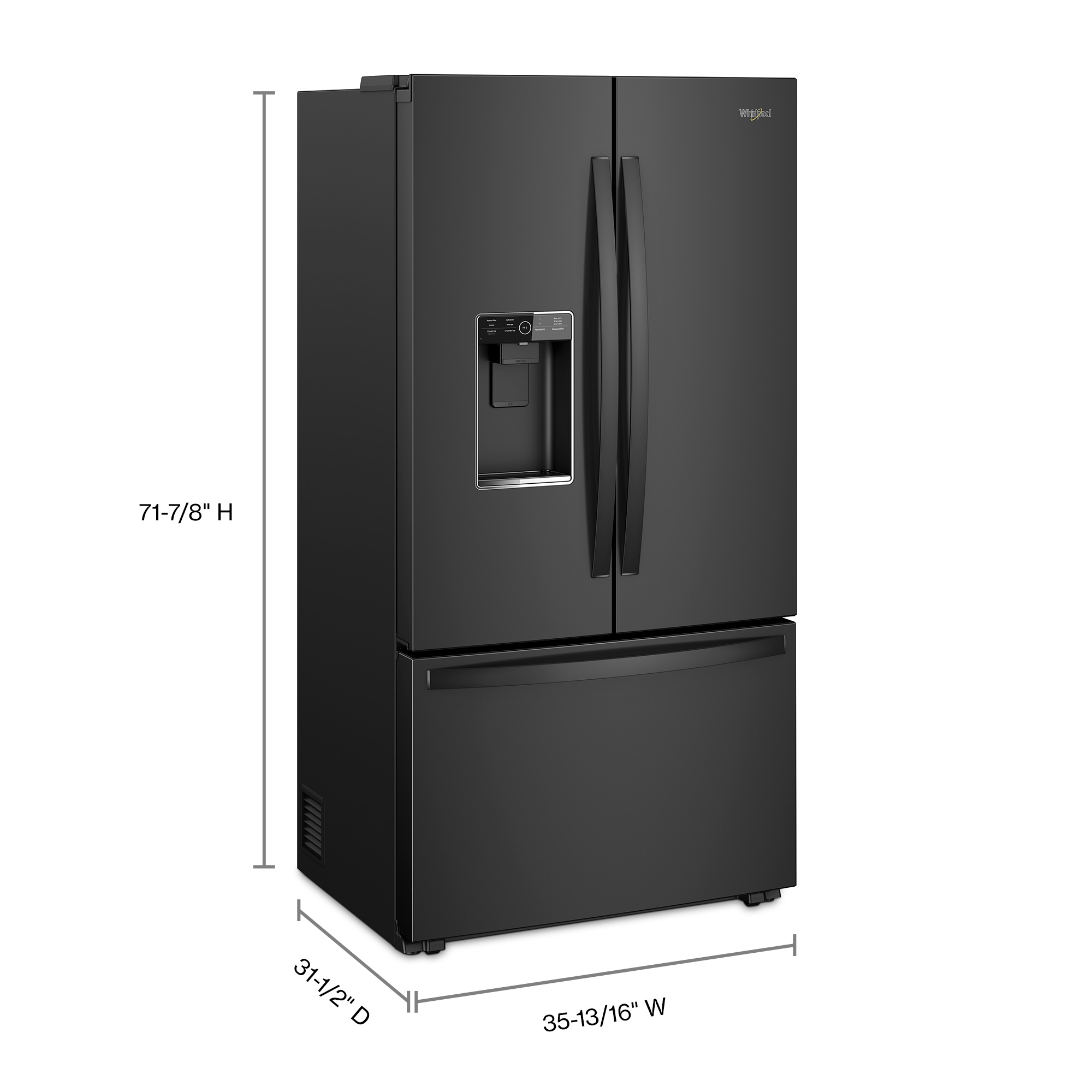 diagram of Whirlpool French door refrigerator denoting dimensions