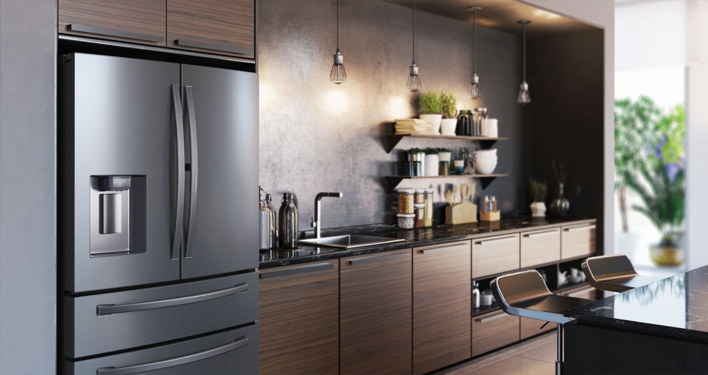 stainless-steel Samsung French door refrigerator in sunlit kitchen