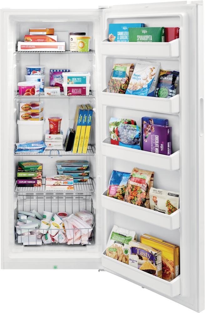  Frigidaire 15.5 Cu. Ft. Upright Freezer open revealing groceries