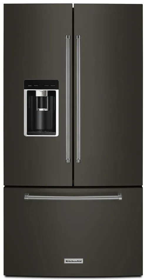 Front view of the KitchenAid KRFC704FBS black stainless steel French door refrigerator 