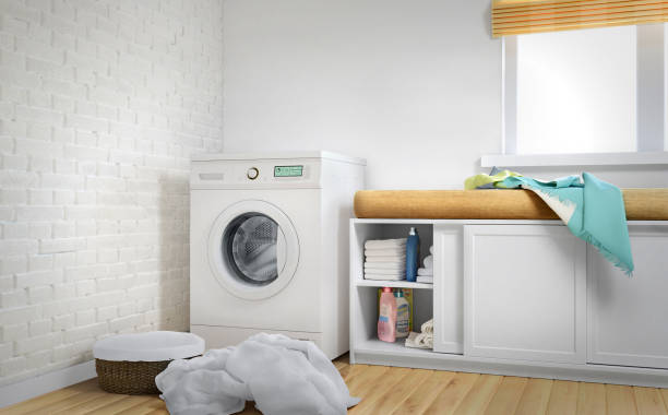 single, white washer in laundry room with basket and soft blanket