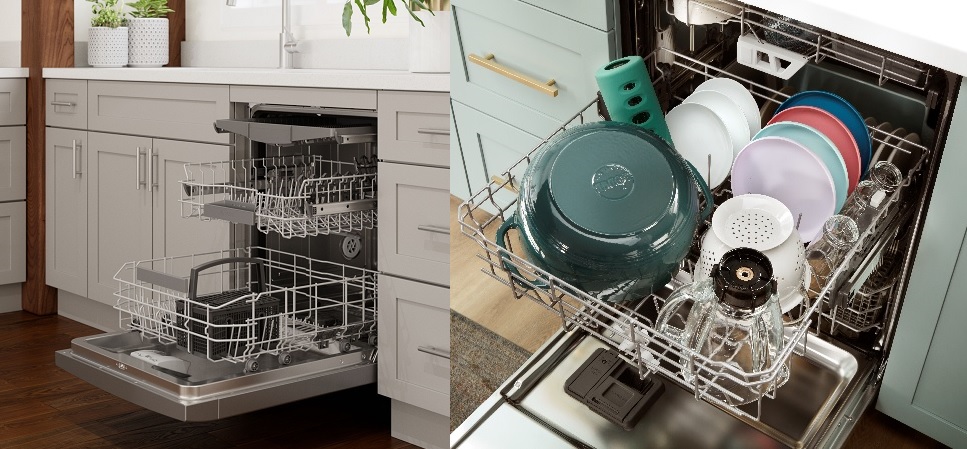 side-by-side graphic of Bosch SGX78B55UC dishwasher and Whirlpool WDTA80SAKZ dishwasher
