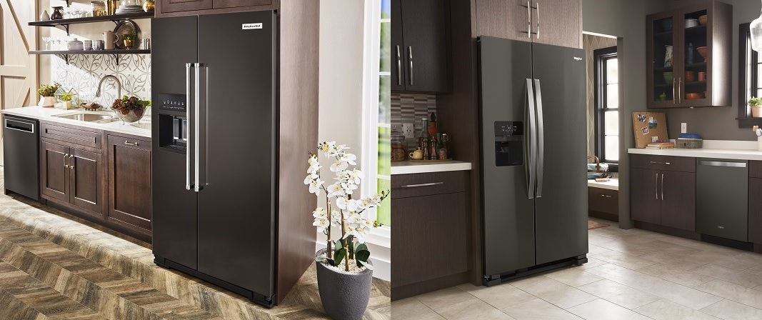 side-by-side graphic of KitchenAid refrigerator and Whirlpool refrigerator