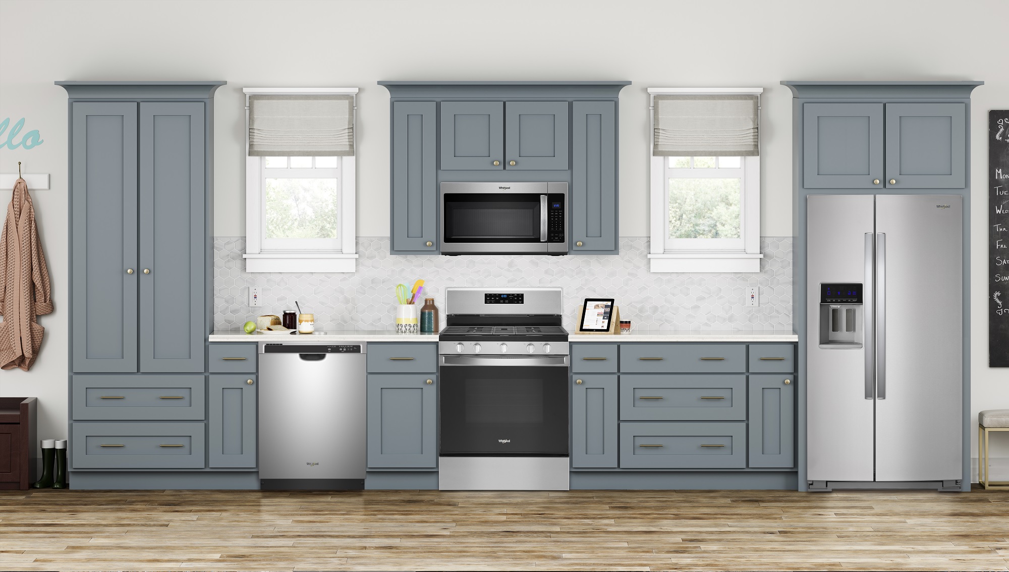 Whirlpool stainless steel kitchen package in sunlit kitchen 