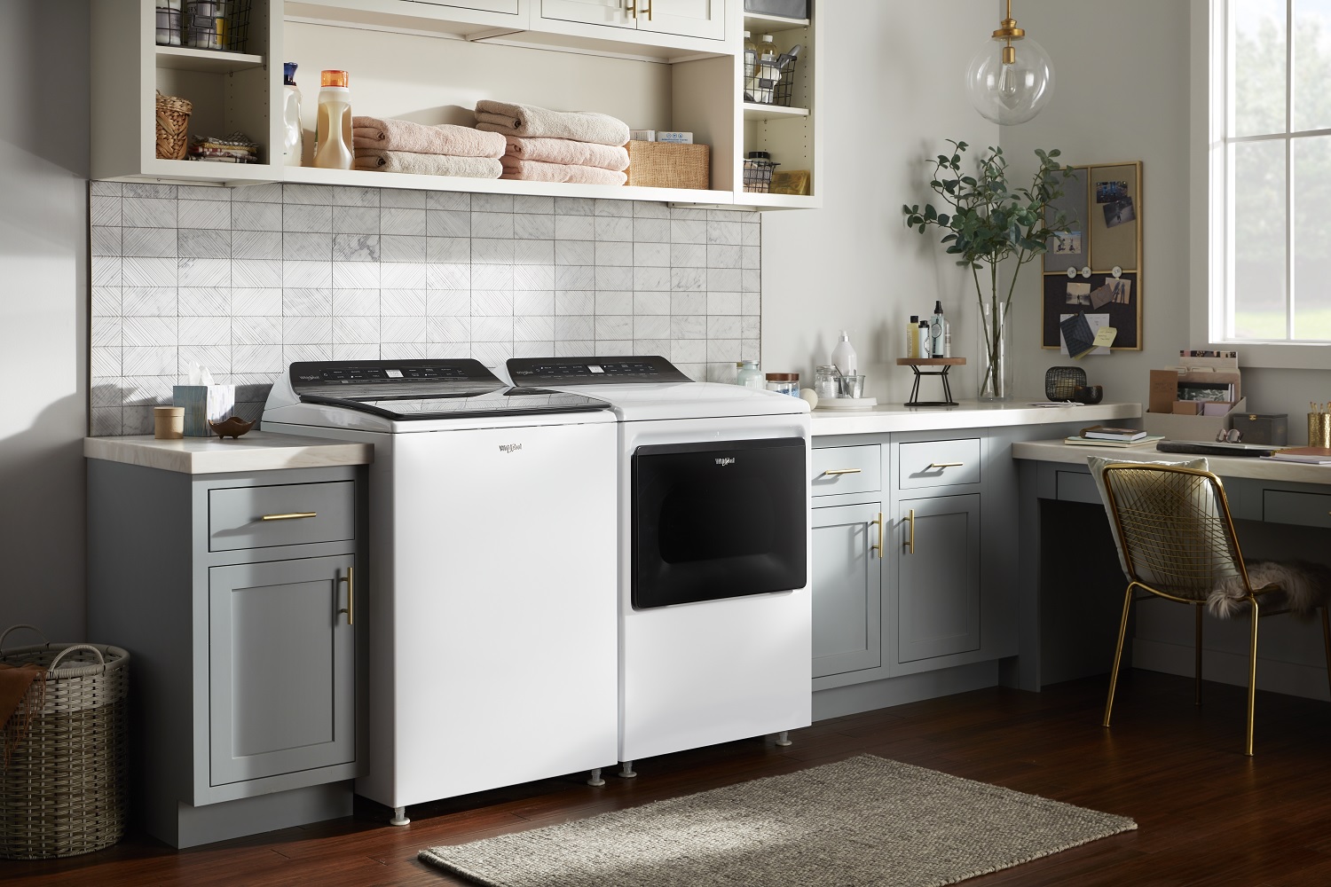 Whirlpool white laundry pair in modern laundry room