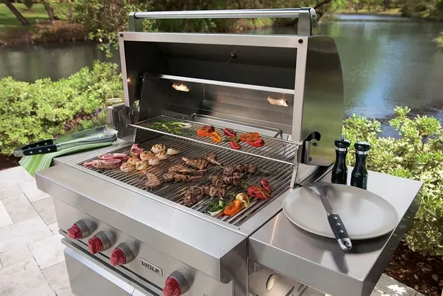 Front view of a Wolf liquid propane freestanding grill