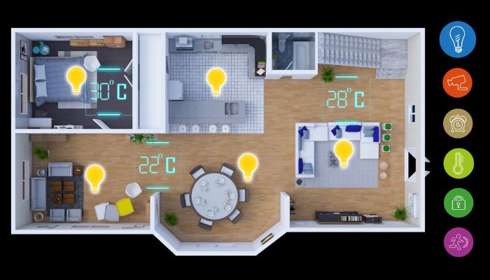 aerial view of home blueprint showing which rooms have lights on