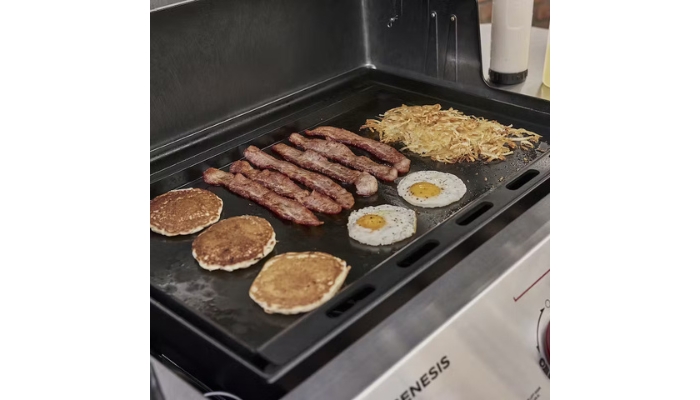 Grill top, displaying breakfast food.