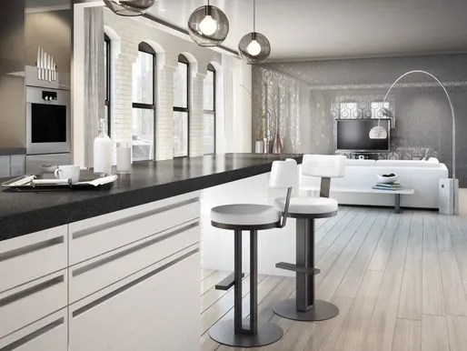 front view of a luxury silver and white kitchen with a white island and two matching barstools
