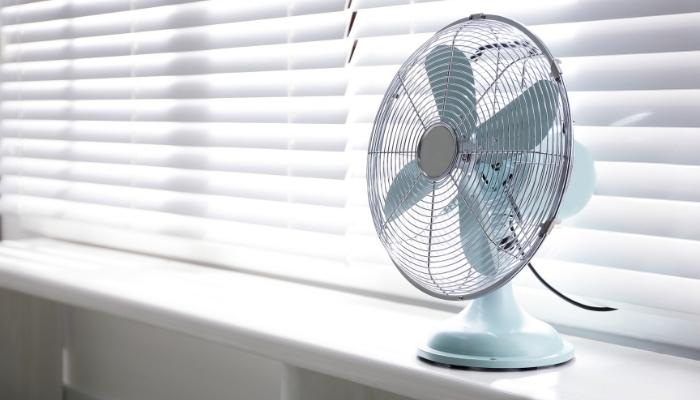 white fan on bookshelf in front of white blinds