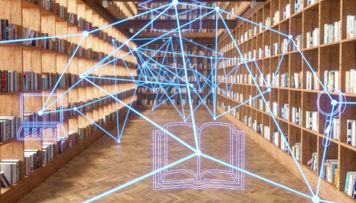 A concept image of a digital cataloging system in a luxurious library