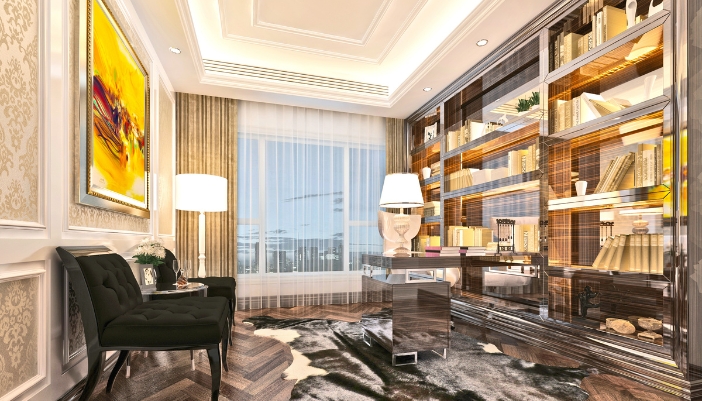 A luxury library with smart shades, smart lighting, and art