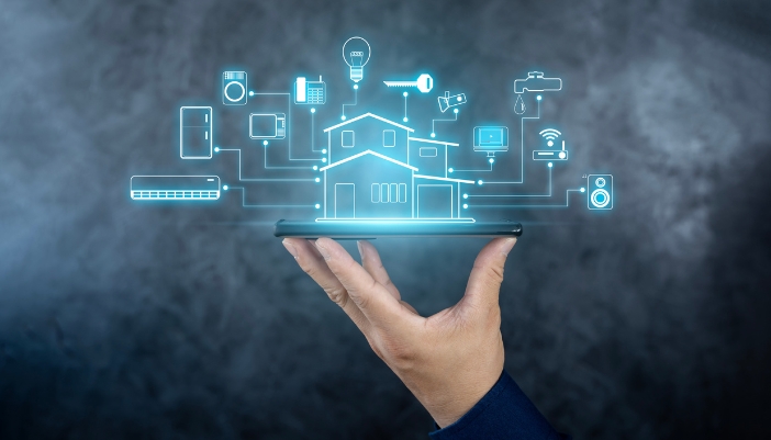 Concept image of a smart home power management system connected to everything