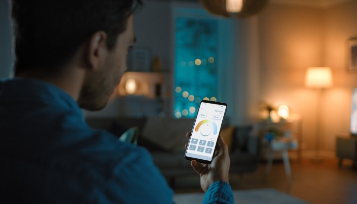 Man using voice command on his phone to control the lights