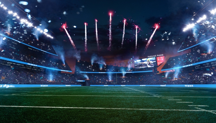 Super Bowl stadium with confetti and fireworks
