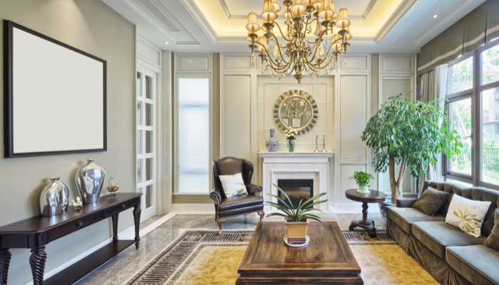 Artwork disguising TV in luxury living room