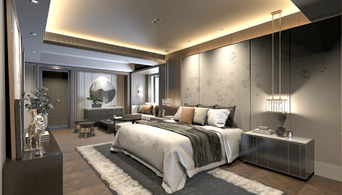 Bedroom with lots of recessed lighting for warmer feel