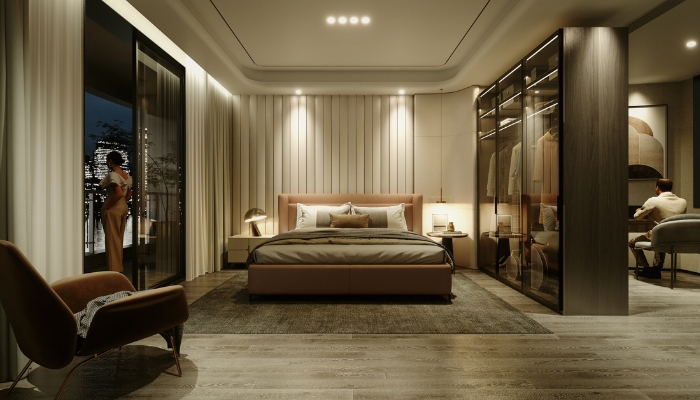 Couple in nice bedroom with several different lighting fixtures