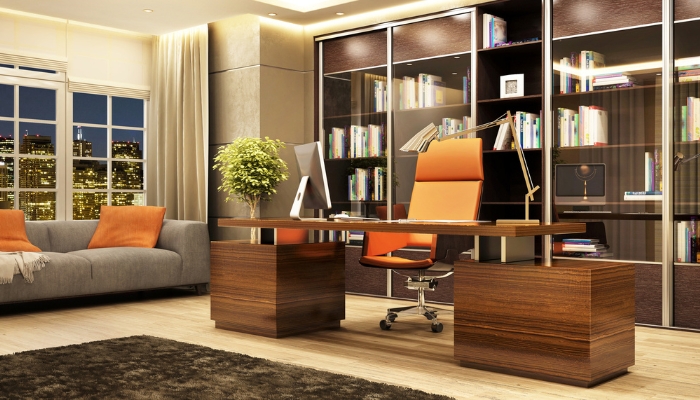 Smart office with darkened lights to mimic the time outside