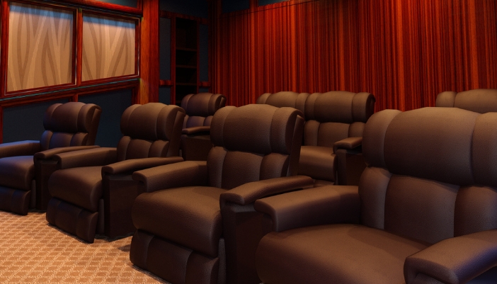 home theater with seating tilted and tiered
