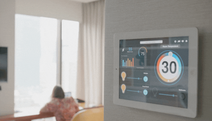 Closeup of smart panel as smart blinds go up to shield against harsh light