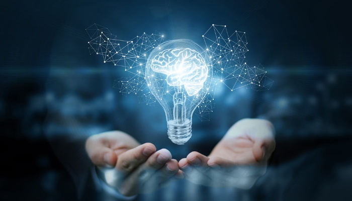 Depiction of smart LED bulb with a brain in the center