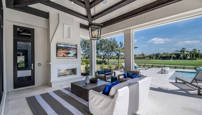 Covered patio space with outdoor tv, fireplace, and comfy seating
