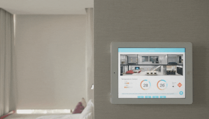Smart shades opening to let in natural light with closeup of smart control panel