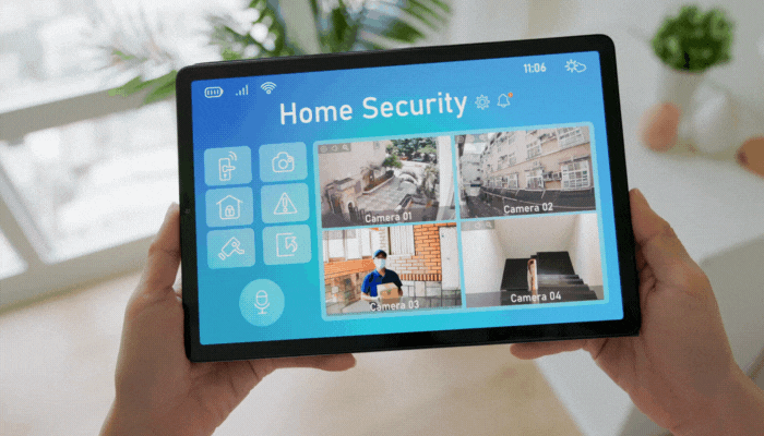 Closeup of someone talking to delivery person through home security app