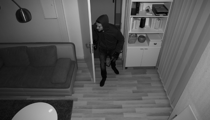 Security video snapshot of burglar entering the home