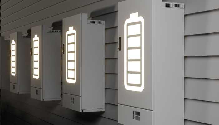  A closeup of a smart home backup batteries with lighting on the panels
