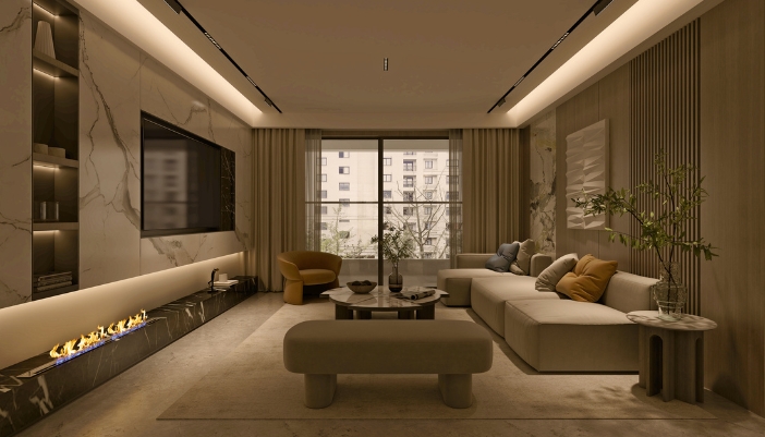 A luxury room with circadian lighting imitating the light outside