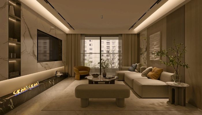 Ambient downlighting illuminates a modern living room