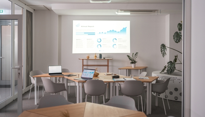 A conference room with a high-resolution projector
