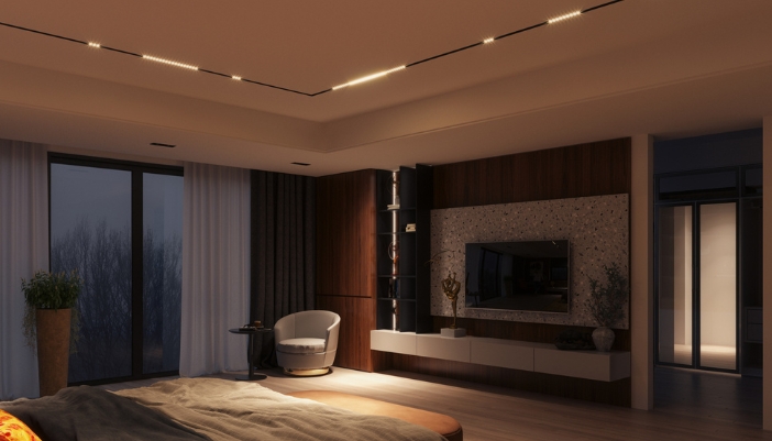 Luxury bedroom with small in-ceiling speakers