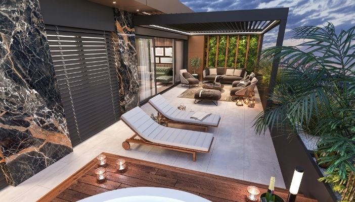 A luxury patio space with an automated pergola