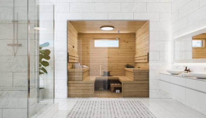 A luxury bathroom with a steam room