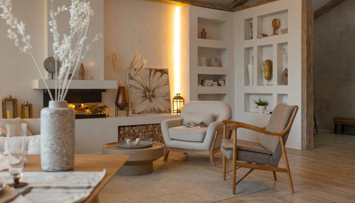 A living space with warm lighting for studying and relaxing