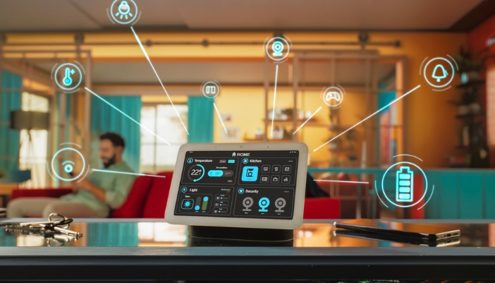 A closeup of a smart panel connected to several devices in a smart home