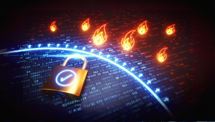A firewall concept image with “fire” trying to penetrate a digital wall