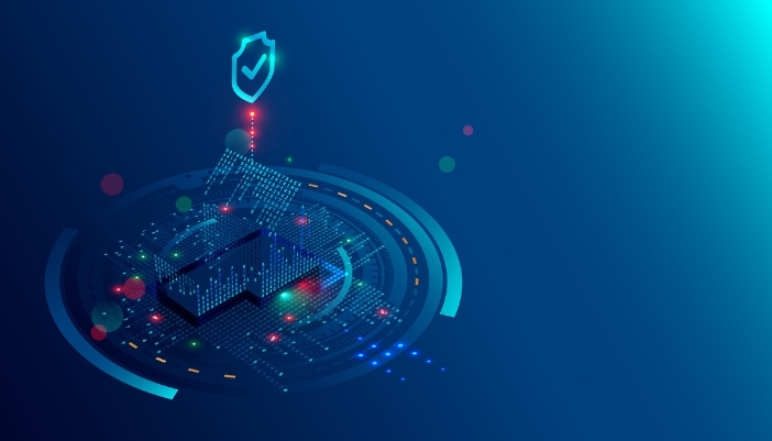A concept image of a digital circle surrounding a digitized home covered in coding numbers