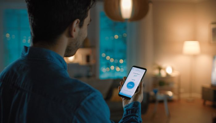 man gives a voice command to a smart home application on his smartphone