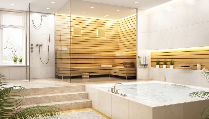 Luxury bathroom with spa and smart lighting