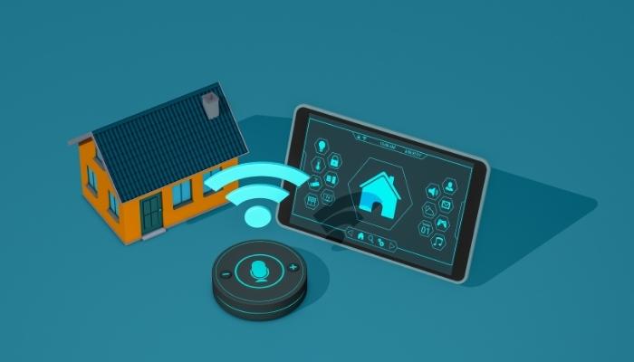 Concept image of a home, a smart device, and a voice assistant connecting to both of them on a blue background