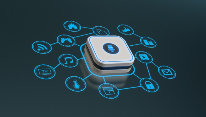 Concept image of a voice assistant connected to all the smart devices it can control
