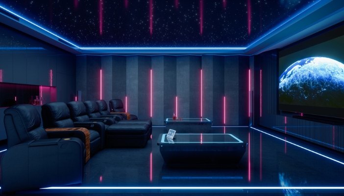 A dedicated home theater with reactive lighting responding to the screen
